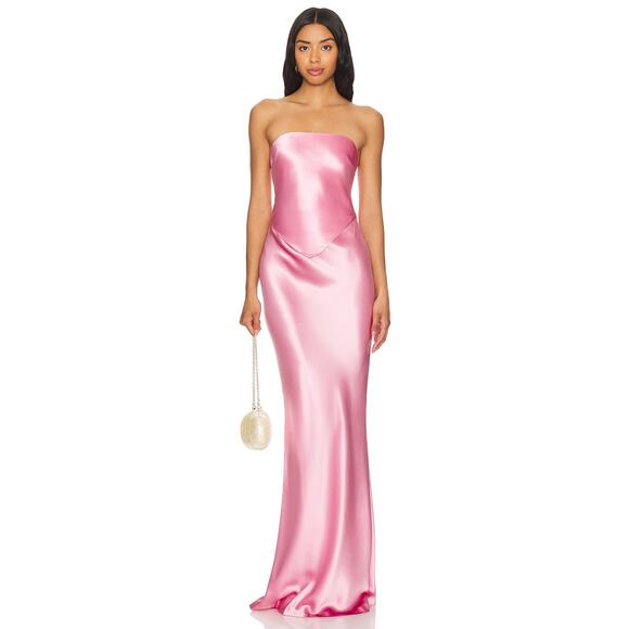 Retrofete Skye Maxi Dress Strapless Satin Party Formal Guest Prom Fondant Pink M - Picture 2 of 14